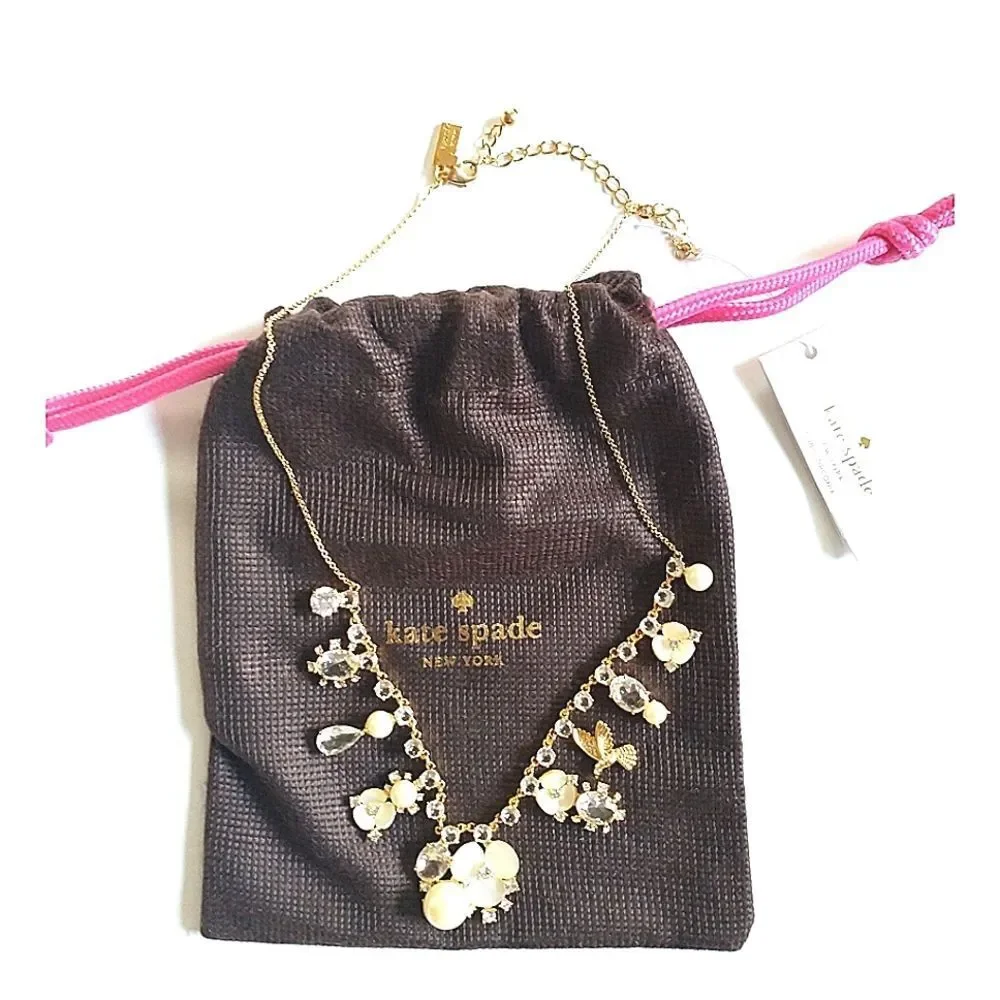 New! KATE SPADE Disco Pansy Flower Bird Crystal Gold-tone Necklace 16